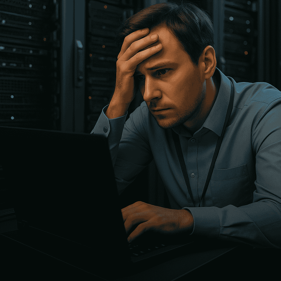 Profissional de TI monitorando painel de segurança cibernética preocupado com a resiliência de dados e a vulnerabilidade dos sistemas.